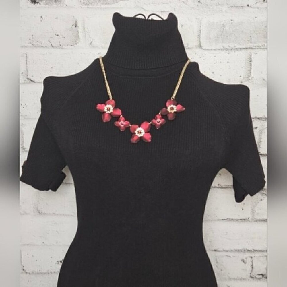 Red & Gold Floral Statement Necklace – Enamel Flowers w/ Crystal Centers